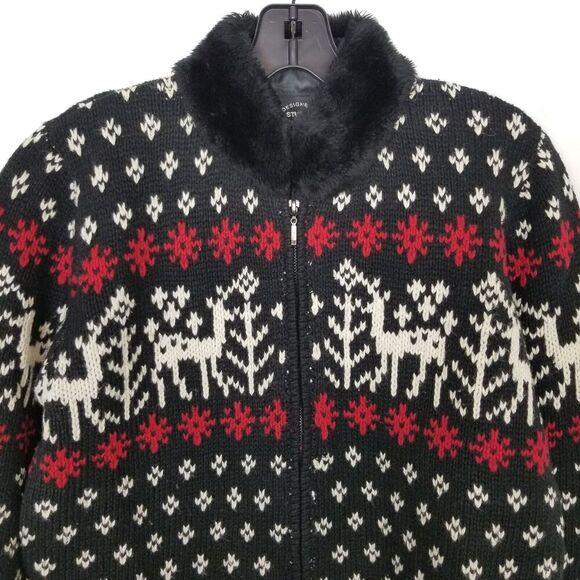 VTG Designer Studio Cardigan Sz S Fair Isle Reindeer Faux Fur Zip Black Wool - Picture 2 of 4